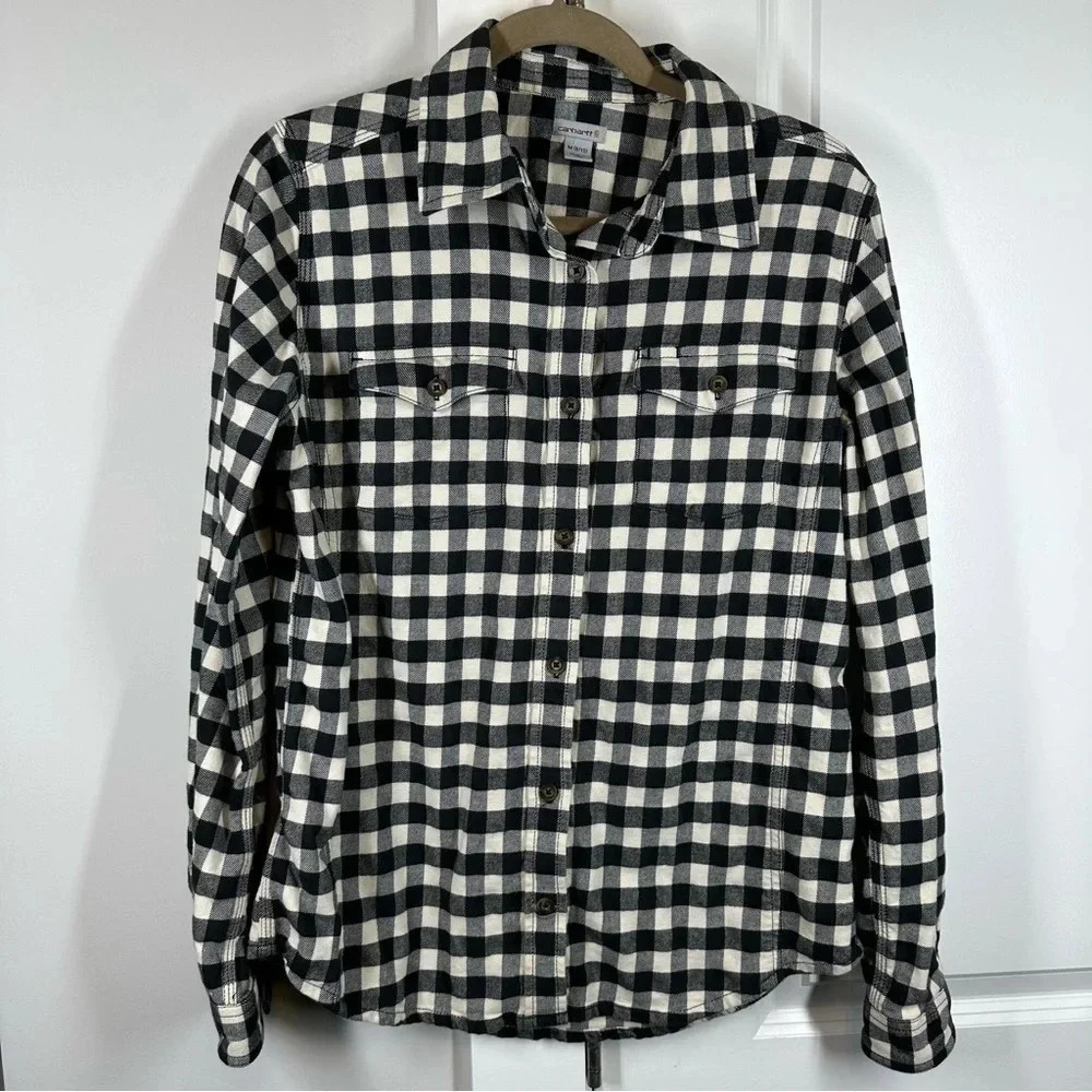 Carhartt Ladies Medium Plaid‎ Flannel in Black & Cream Classic button up fall